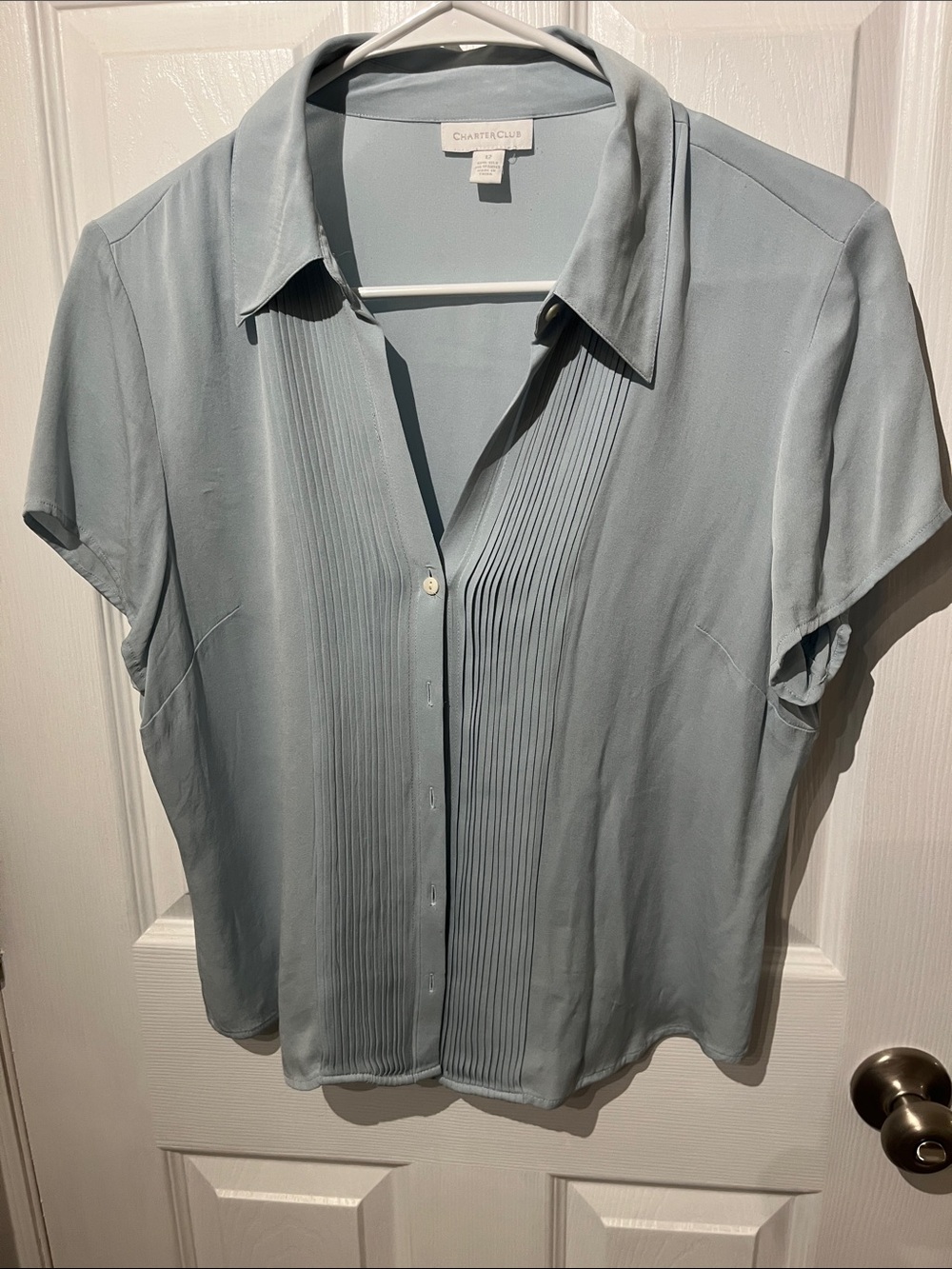 Charter Club Pale Blue Pleated Short-Sleeve Button-Down Blouse